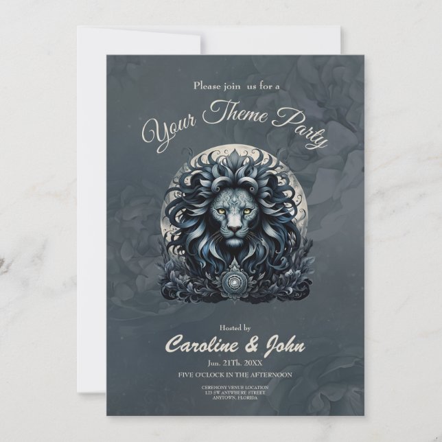 Royal elegance, a majestic gaze ornate lion's head invitation (Front)