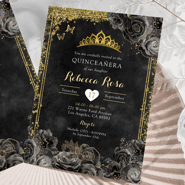 Royal Elegant Gold and Black Rose Quinceañera Invitation (Creator Uploaded)
