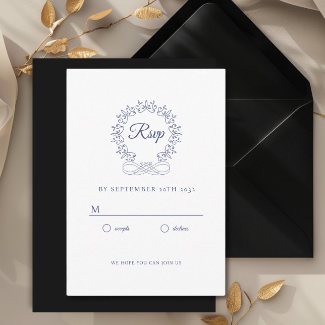 Royal, Elegant, Wedding RSVP  Enclosure Card (Royal, Elegant, Classic, Crest, Wedding Invitation Wedding RSVP. White and Blue.)
