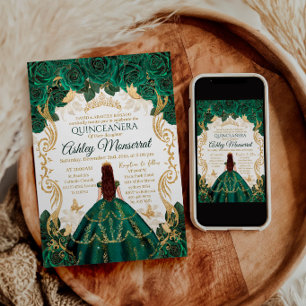 Royal Emerald Green Gold Crown Quinceañera Invitation