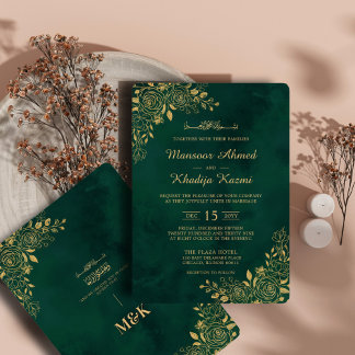 Royal Emerald Green Gold Floral Islamic Wedding Invitation