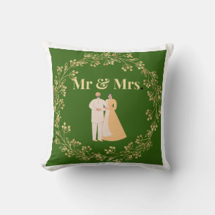 Royal Emerald Green Gold Floral Mr and Mrs Throw Cushion