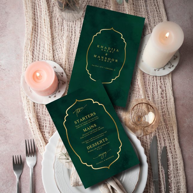 Royal Emerald Green Gold Frame Wedding Menu Card (Creator Uploaded)