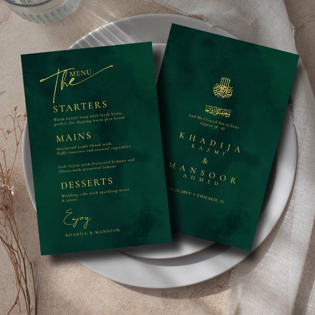 Royal Emerald Green Gold Islamic Wedding Menu Card (Creator Uploaded)