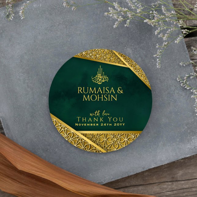 Royal Emerald Green Gold Islamic Wedding Thank You Classic Round Sticker (Creator Uploaded)