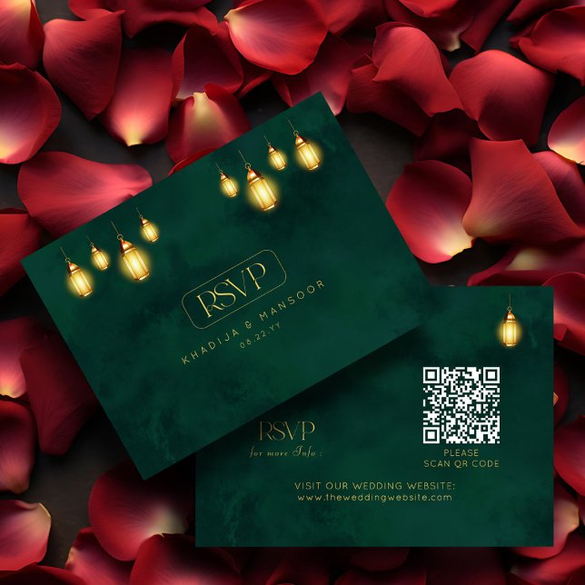 Royal Emerald Green Golden Lights QR Wedding RSVP Enclosure Card (Creator Uploaded)
