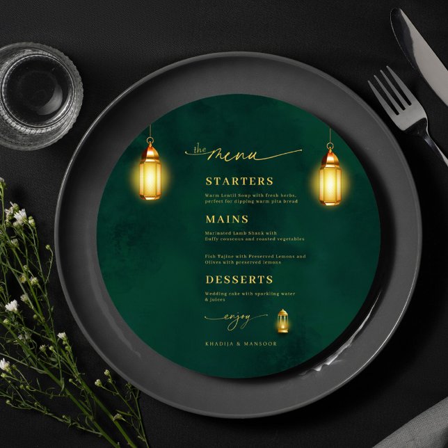 Royal Emerald Green Golden Lights Round Wedding Menu (Creator Uploaded)