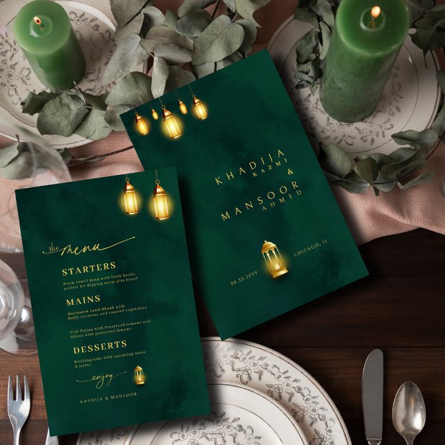 Royal Emerald Green Golden Lights Wedding Menu (Creator Uploaded)