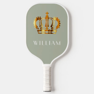 Royal Faux Gold Crown Sage Green Customised Name Pickleball Paddle