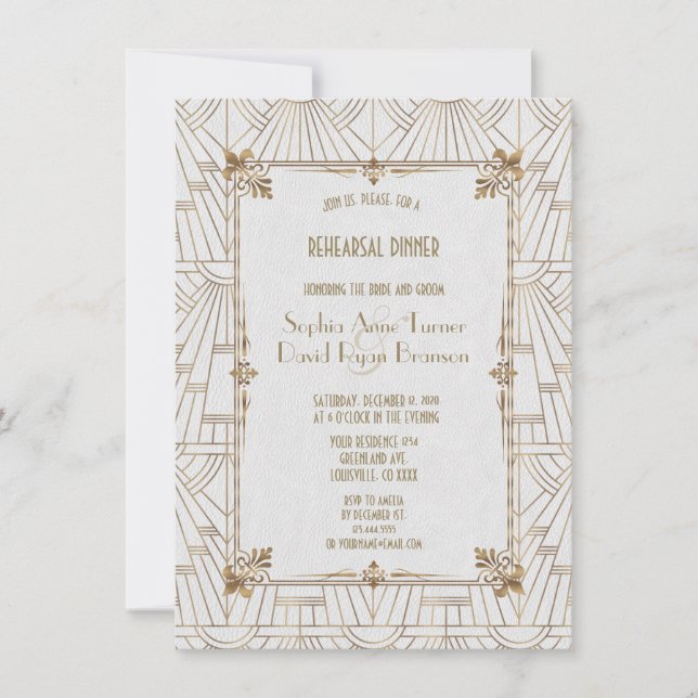 Royal Fleur-de-Lis Art Deco Gold Rehearsal Dinner Invitation (Front)