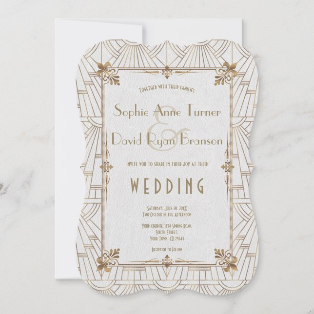 Royal Fleur-de-Lis Art Deco Gold White 20s Wedding Invitation (Front)