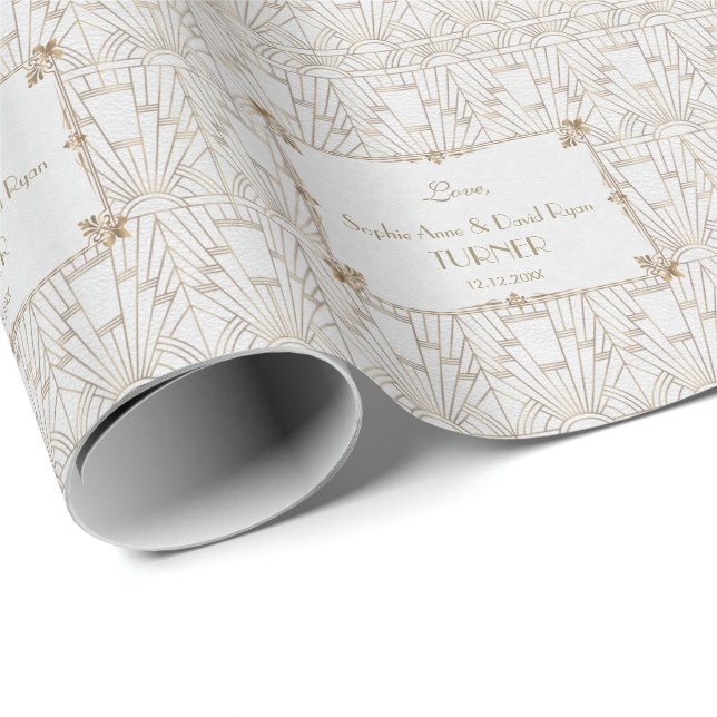 Royal Fleur-de-Lis Art Deco Gold White 20s Wedding Wrapping Paper (Roll Corner)