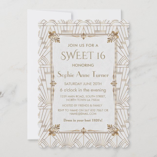 Royal Fleur-de-Lis Art Deco Gold White SWEET 16 Invitation (Front)