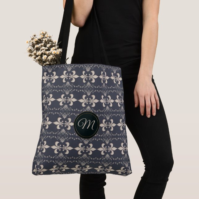 Royal fleur-de-lis navy pattern.monogram. tote bag (Close Up)