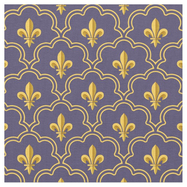Royal Fleur-de-Lis Purple and Gold Pattern Fabric (Close Up)