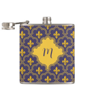 Royal Fleur-de-Lis Purple and Gold Pattern Hip Flask