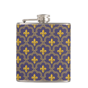 Royal Fleur-de-Lis Purple and Gold Pattern Hip Flask