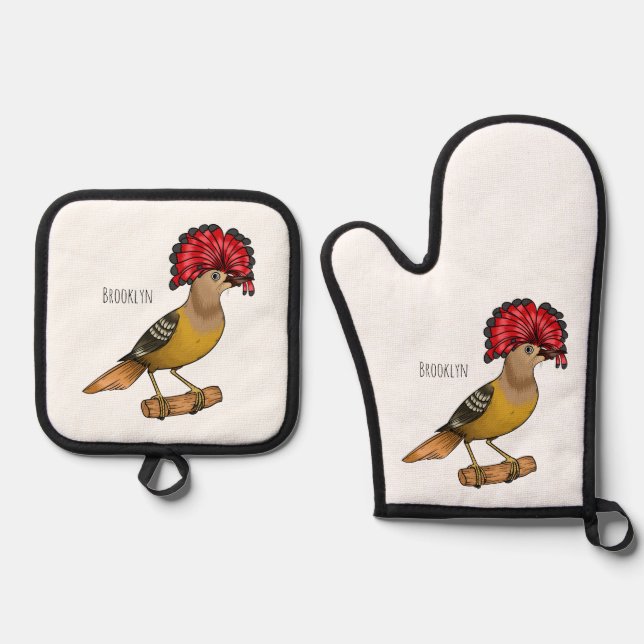 Royal flycatcher bird cartoon illustration oven mitt & pot holder set (Front)