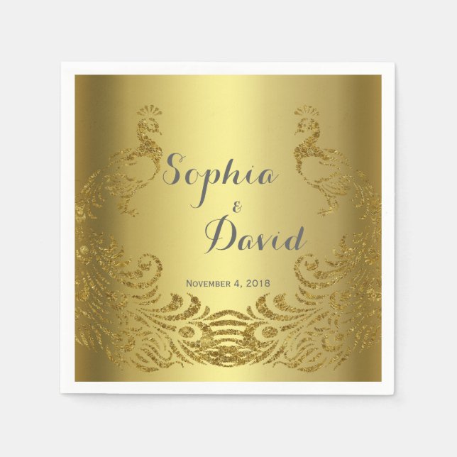 Royal Gold Abstract Peacock Wedding Custom Napkin (Front)