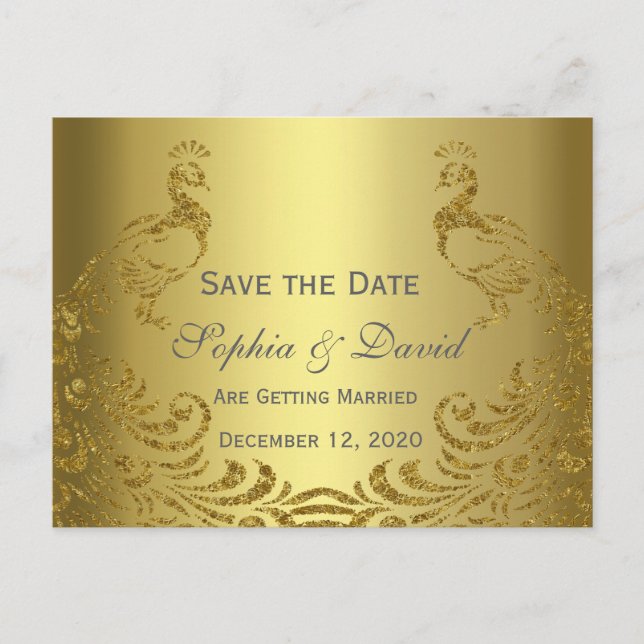 Royal Gold Abstract Peacock Wedding SAVE THE DATE Announcement Postcard (Front)