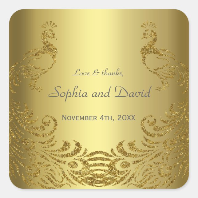 Royal Gold Abstract Peacock Wedding Square Sticker (Front)