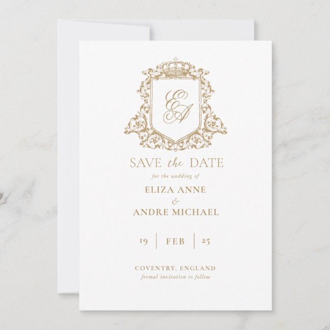 Royal Gold and White Monogram Crest Save The Date (Front)