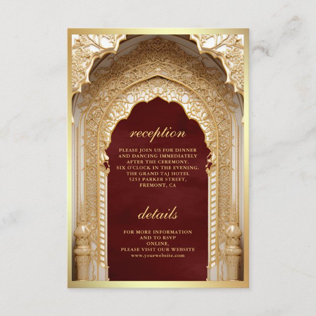 Royal Gold Arch Maroon Wedding  Enclosure Card (Front)
