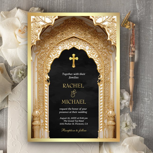 Royal Gold Arch Religious Christian Black Wedding Invitation (Creator Uploaded)