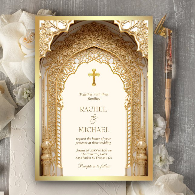 Royal Gold Arch Religious Christian Cream Wedding Invitation (Creator Uploaded)