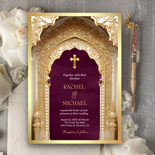 Royal Gold Arch Religious Christian Plum Wedding Invitation (Creator Uploaded)