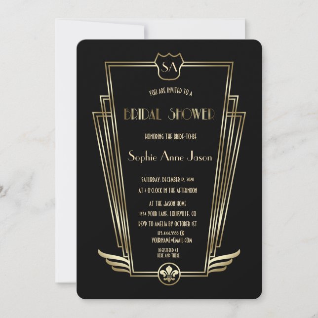 Royal Gold Art Deco Monogram Bridal Shower Invitation (Front)