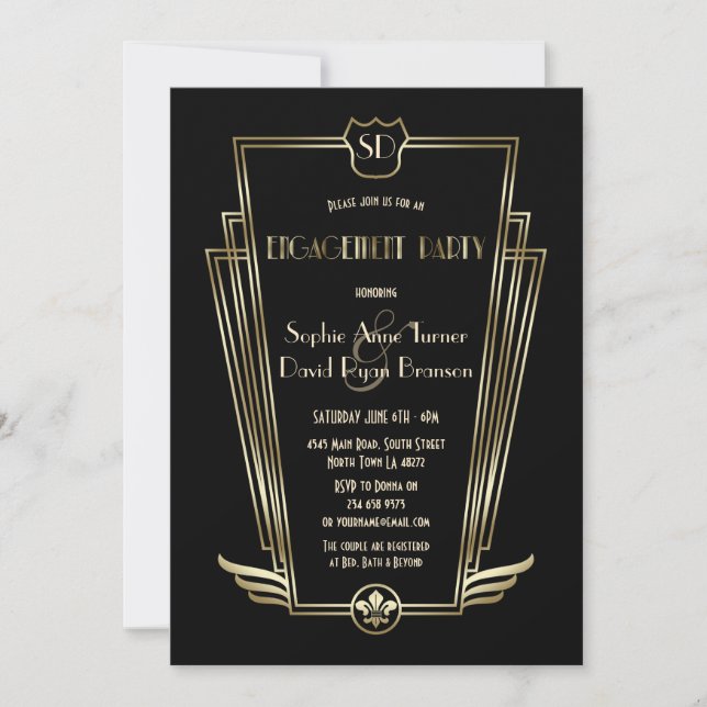 Royal Gold Art Deco Monogram Engagement Party Invitation (Front)