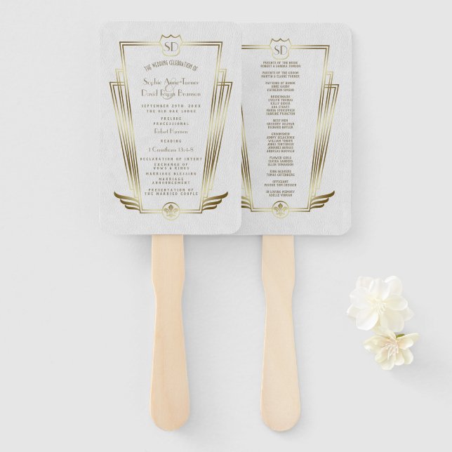 Royal Gold Art Deco Monogram Wedding Program Hand Fan (Front and Back)