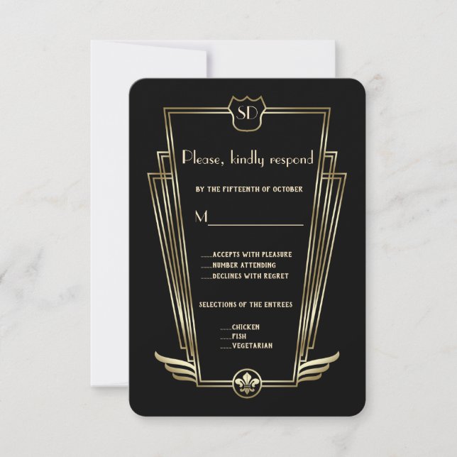 Royal Gold Art Deco Monogram Wedding RSVP (Front)