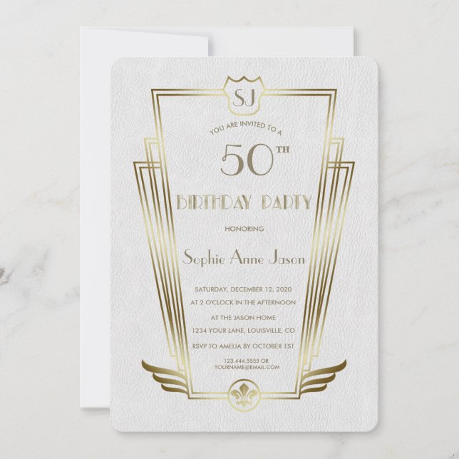 Royal Gold Art Deco Monogram White Birthday Party Invitation (Front)
