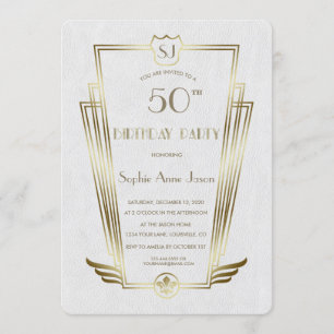 Royal Gold Art Deco Monogram White Birthday Party Invitation