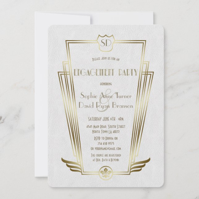 Royal Gold Art Deco Monogram White Engagement Invitation (Front)