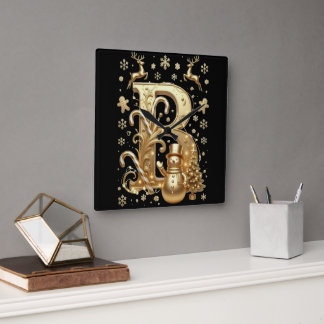 Royal Gold B Luxury Snowman Square Wall Clock