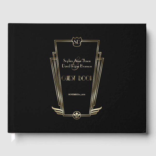 Royal Gold Black Art Deco Monogram Wedding Guest Book (Front)