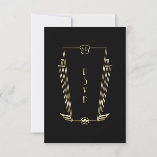 Royal Gold Black Art Deco Monogram Wedding RSVP (Front)