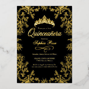 Royal Gold Black Crown Floral Quinceanera