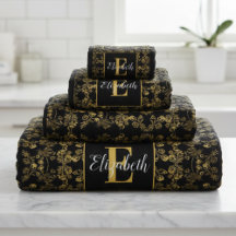 Royal Gold & Black Damask Floral Pattern Monogram