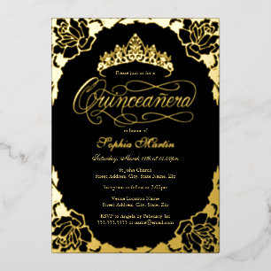 Royal Gold Black Elegant Script Quinceanera 