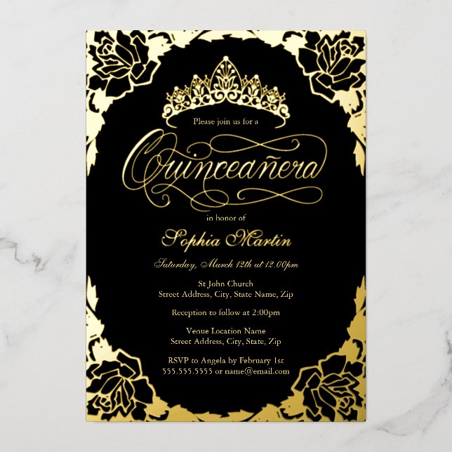 Royal Gold Black Elegant Script Quinceanera  (Front)
