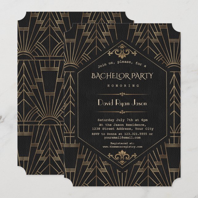 Royal Gold Black Great Gatsby 1920s Bachelor Party Invitation (Front/Back)