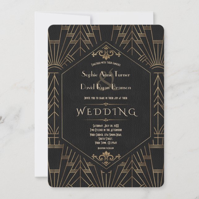 Royal Gold Black Great Gatsby 1920s Wedding Invitation (Front)