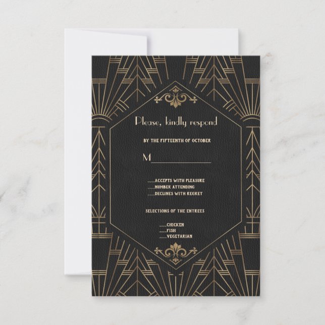 Royal Gold Black Great Gatsby 1920s Wedding RSVP (Front)