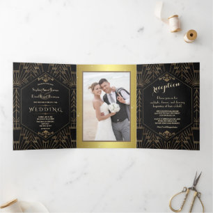 Royal Gold Black Great Gatsby 1920s Wedding Tri-Fold Invitation