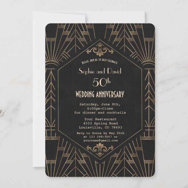 Royal Gold Black Great Gatsby  Wedding Anniversary Invitation (Front)