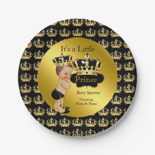 Royal Gold Black Prince Crown Baby Shower Brunette Paper Plate